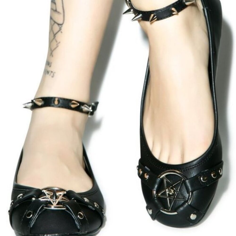 Demonia Black Spiked Pentagram Ankle Strap Flats